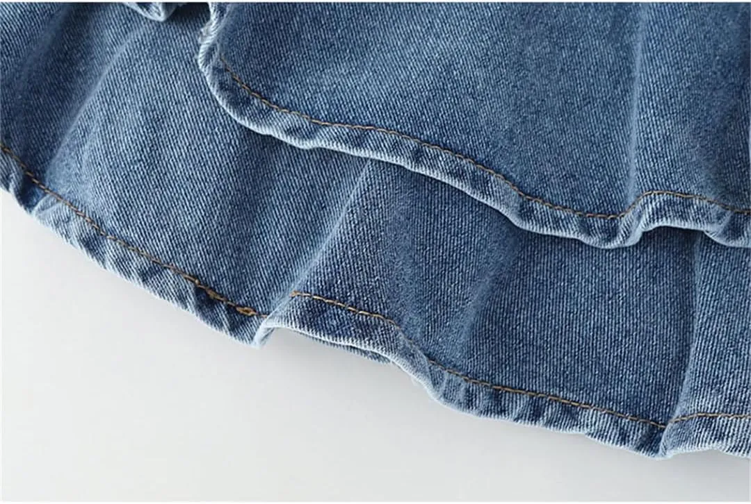 Women's Ruffle Harajuku Denim Mini Pleated Skirt Summer Casual High Waist Denim Skirt