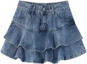 Women's Ruffle Harajuku Denim Mini Pleated Skirt Summer Casual High Waist Denim Skirt