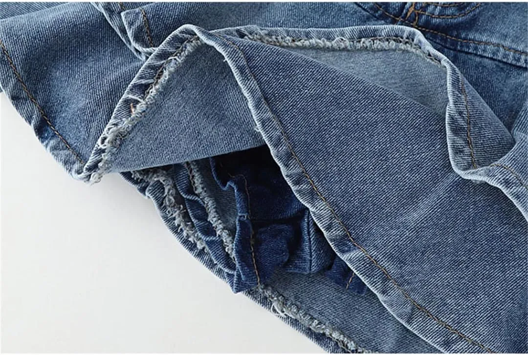 Women's Ruffle Harajuku Denim Mini Pleated Skirt Summer Casual High Waist Denim Skirt