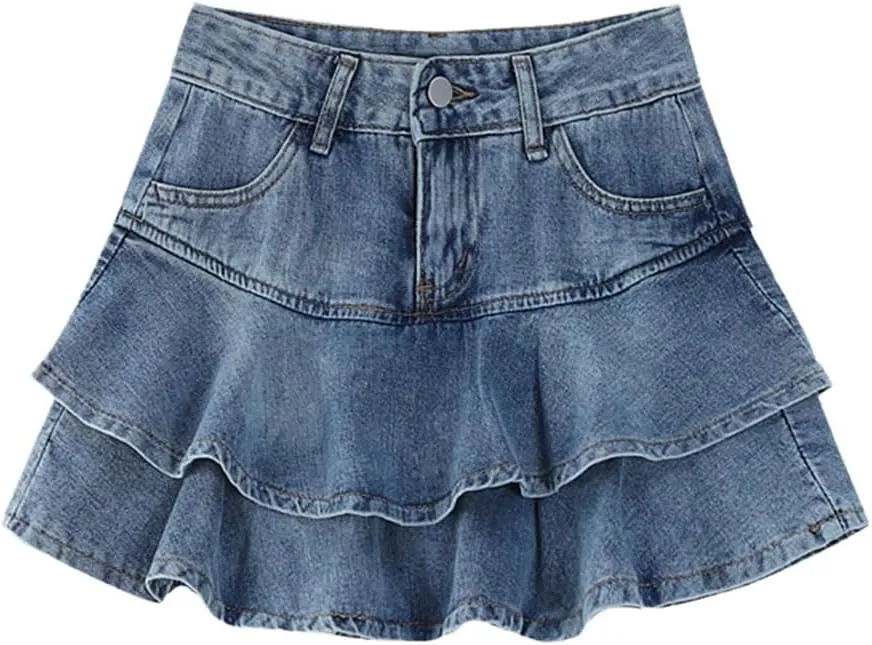 Women's Ruffle Harajuku Denim Mini Pleated Skirt Summer Casual High Waist Denim Skirt