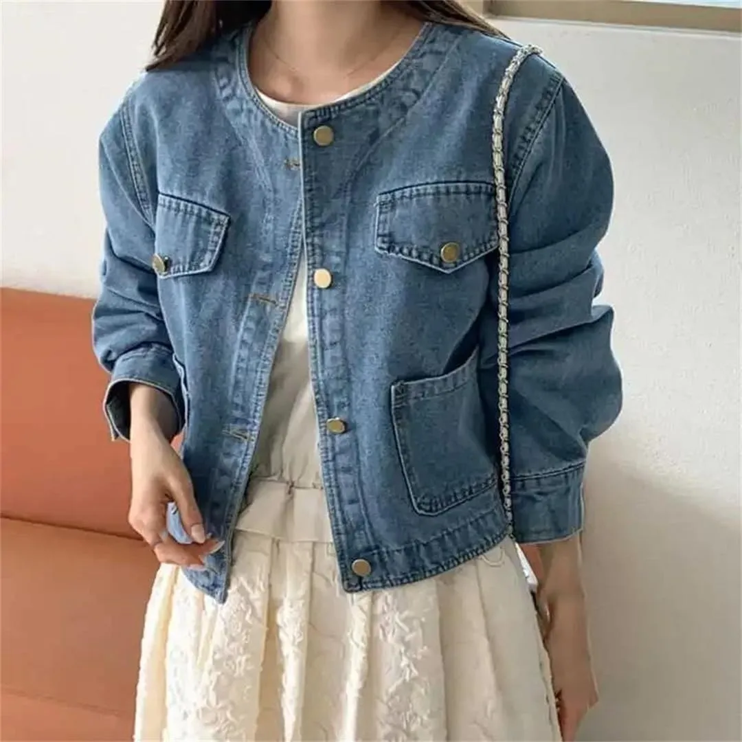 Women's Short Denim Jacket Button-Down Collarless Loose Vintage Denim Jacket