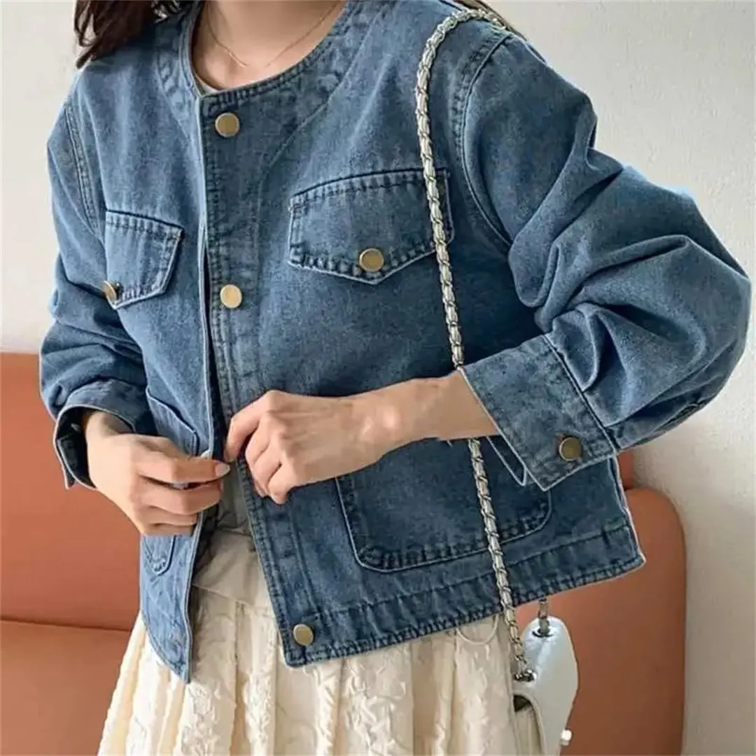 Women's Short Denim Jacket Button-Down Collarless Loose Vintage Denim Jacket