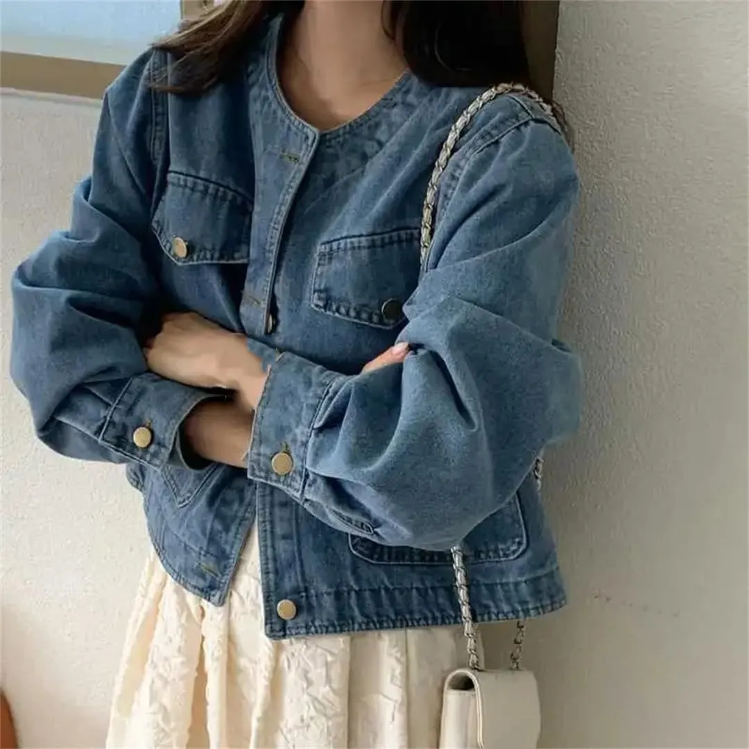 Women's Short Denim Jacket Button-Down Collarless Loose Vintage Denim Jacket