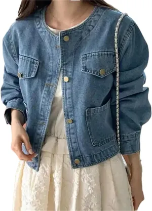 Women's Short Denim Jacket Button-Down Collarless Loose Vintage Denim Jacket