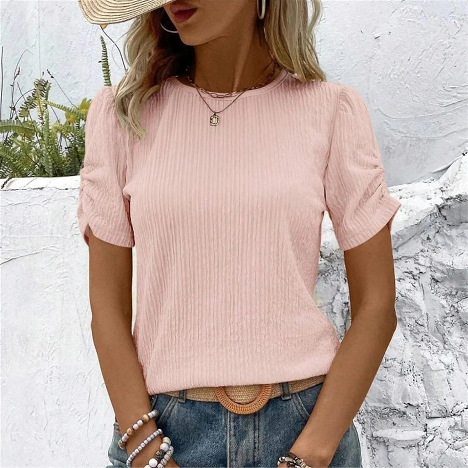 Womens Short Sleeve High Neck Tank Tops Fashion Casual Basic Slim Fit Ribbed Top Summer Beach Vacation Shirt Clothes