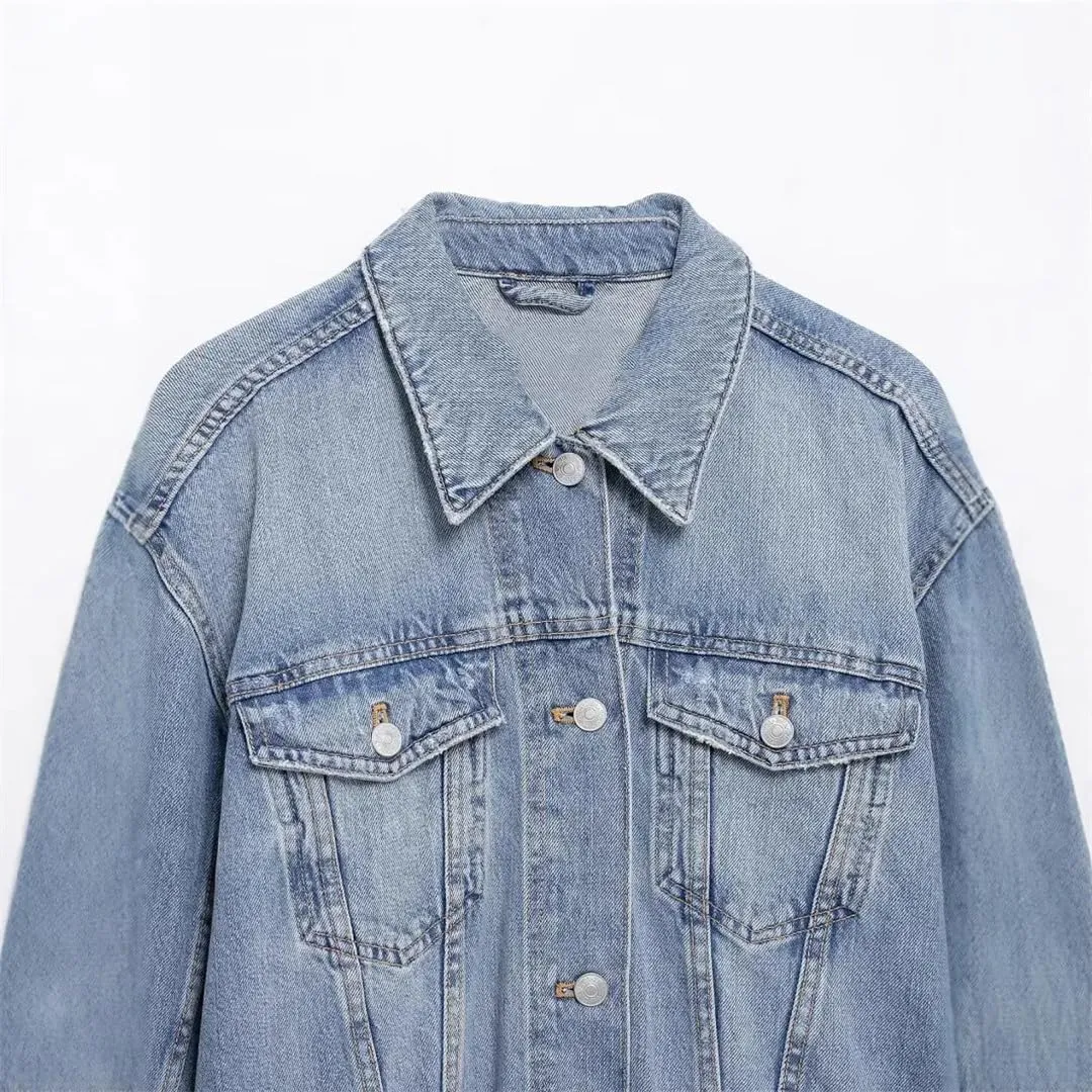 Women's Single Button Denim Jacket Casual Long Sleeve Lapel Short Denim Jacket