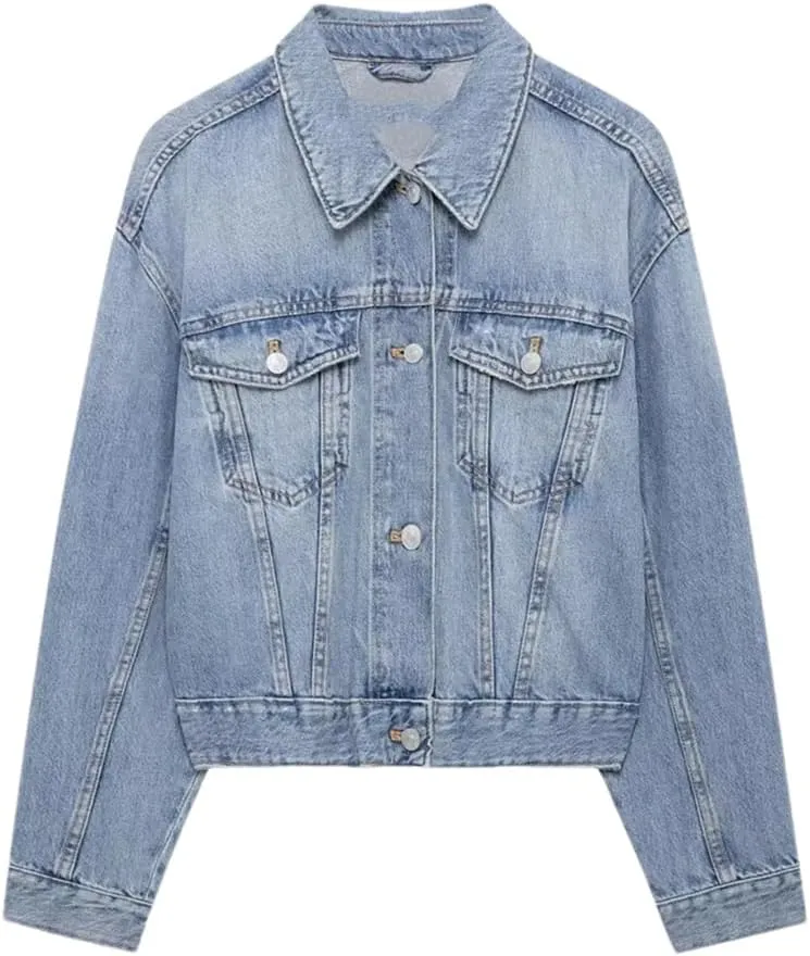 Women's Single Button Denim Jacket Casual Long Sleeve Lapel Short Denim Jacket