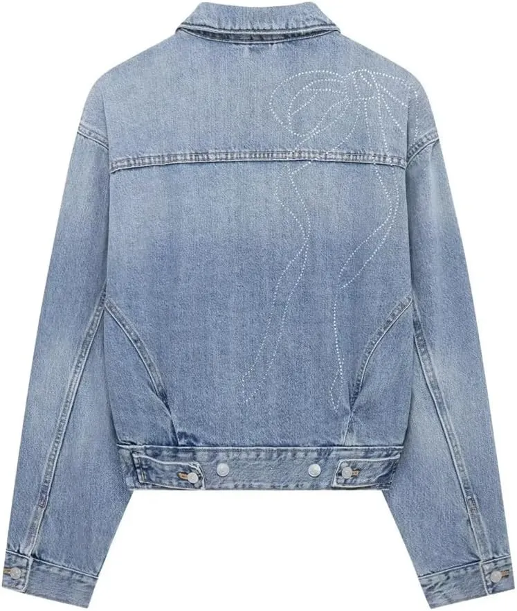 Women's Single Button Denim Jacket Casual Long Sleeve Lapel Short Denim Jacket