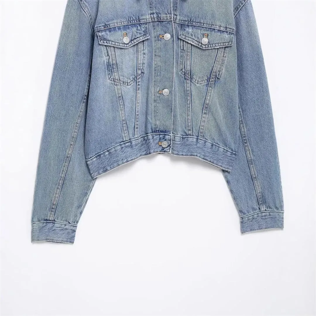 Women's Single Button Denim Jacket Casual Long Sleeve Lapel Short Denim Jacket