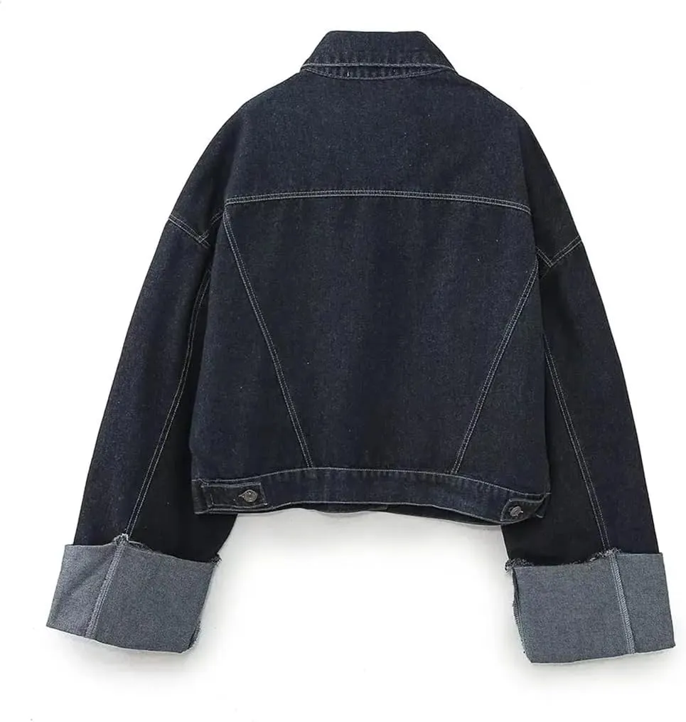 Women's Solid Color Denim Jacket Single-Breasted Long-Sleeved Multi-Pocket Loose Denim Jacket