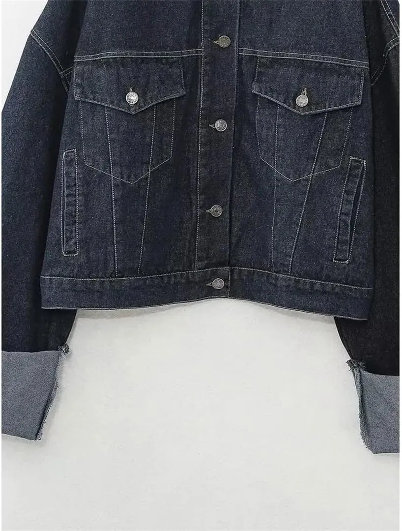 Women's Solid Color Denim Jacket Single-Breasted Long-Sleeved Multi-Pocket Loose Denim Jacket