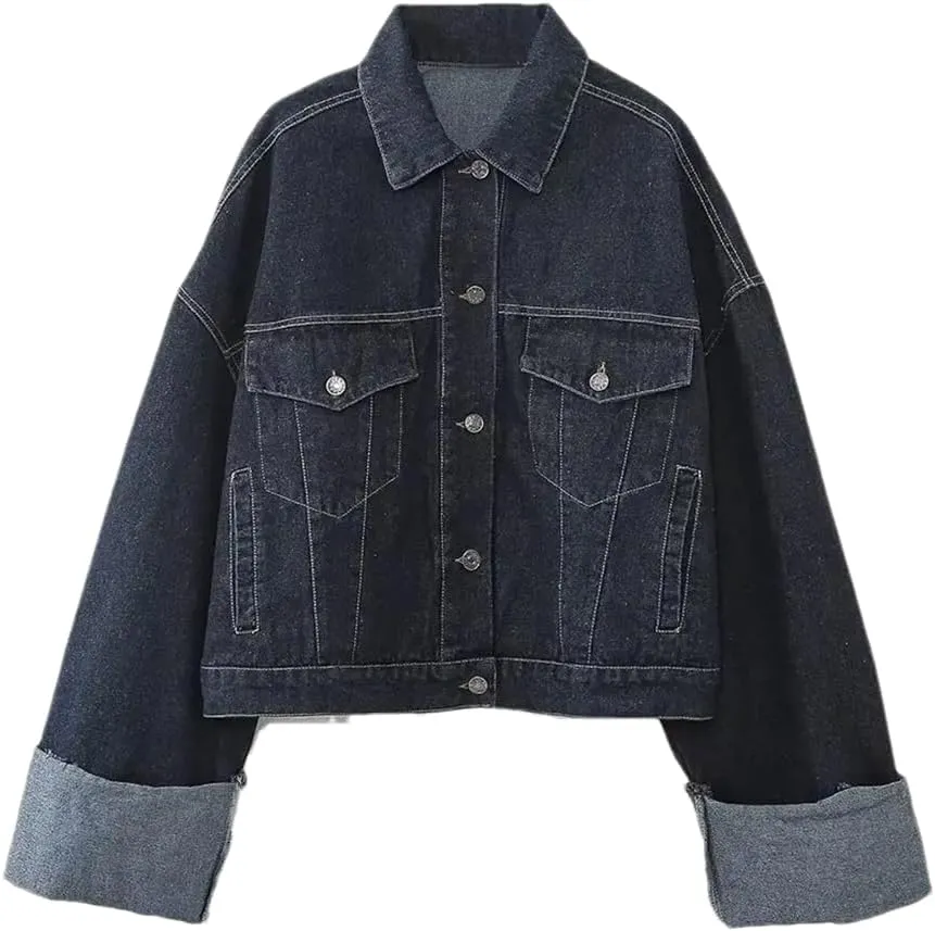 Women's Solid Color Denim Jacket Single-Breasted Long-Sleeved Multi-Pocket Loose Denim Jacket