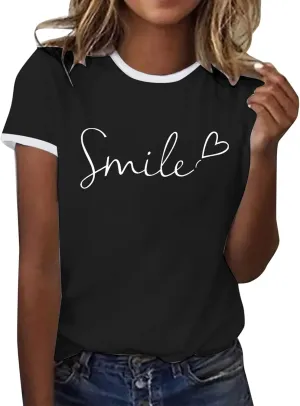 Womens Summer T Shirts Crewneck Short Sleeve Letter Print Y2K Tops Cute Casual Loose Graphic Tee Shirts Black