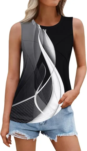 Women's Summer Tank Tops 2025 Fashion Pleated Crew Neck Floral Loose Fit Casual Sleeveless Flowy Boho Tunic Shirts