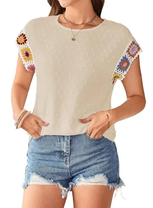 Womens Summer Tops 2025 Boho Tops for Women Color Crew Neck Short Sleeve Casual Blouse