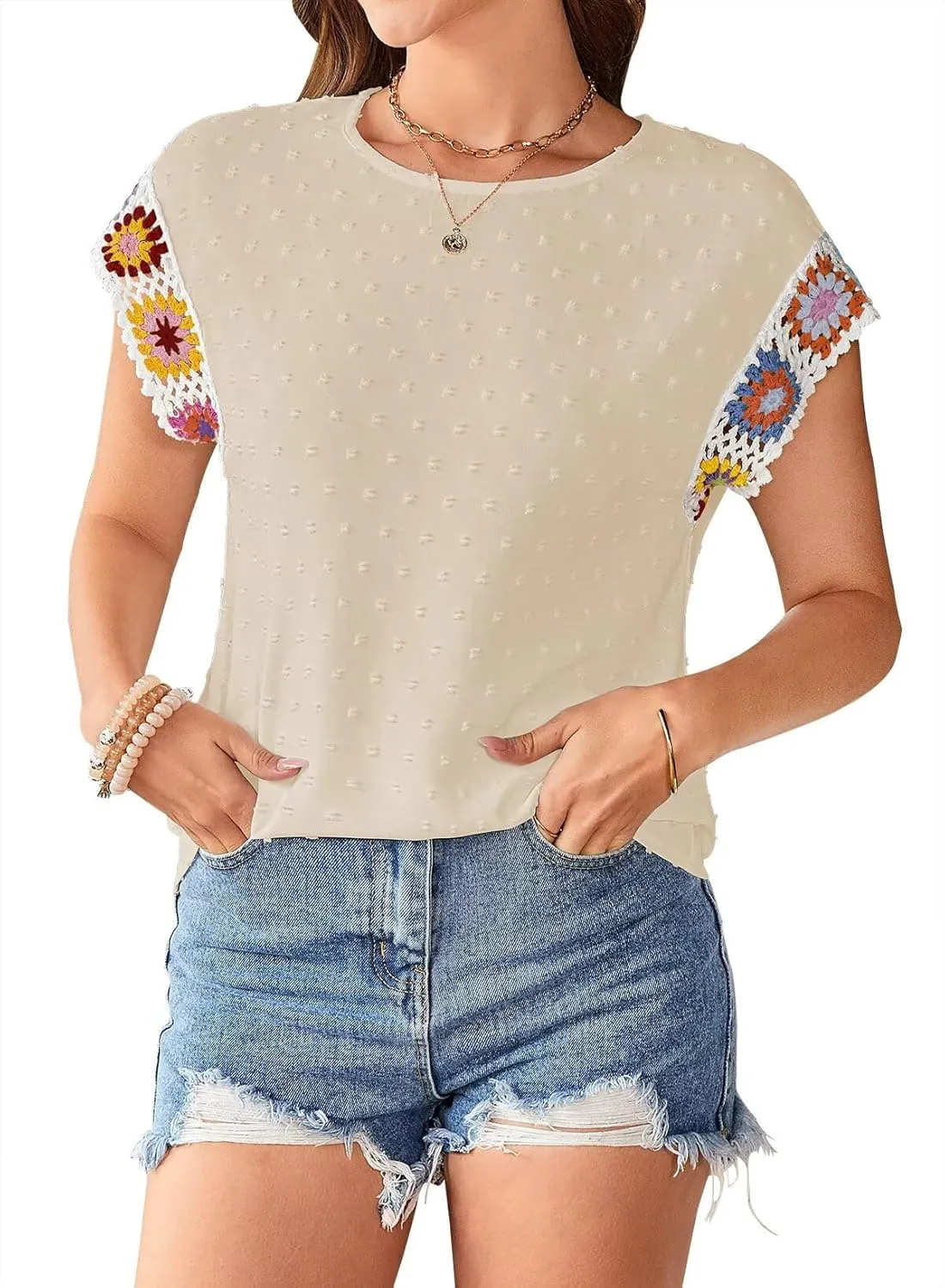 Womens Summer Tops 2025 Boho Tops for Women Color Crew Neck Short Sleeve Casual Blouse