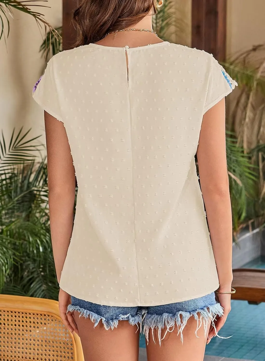 Womens Summer Tops 2025 Boho Tops for Women Color Crew Neck Short Sleeve Casual Blouse