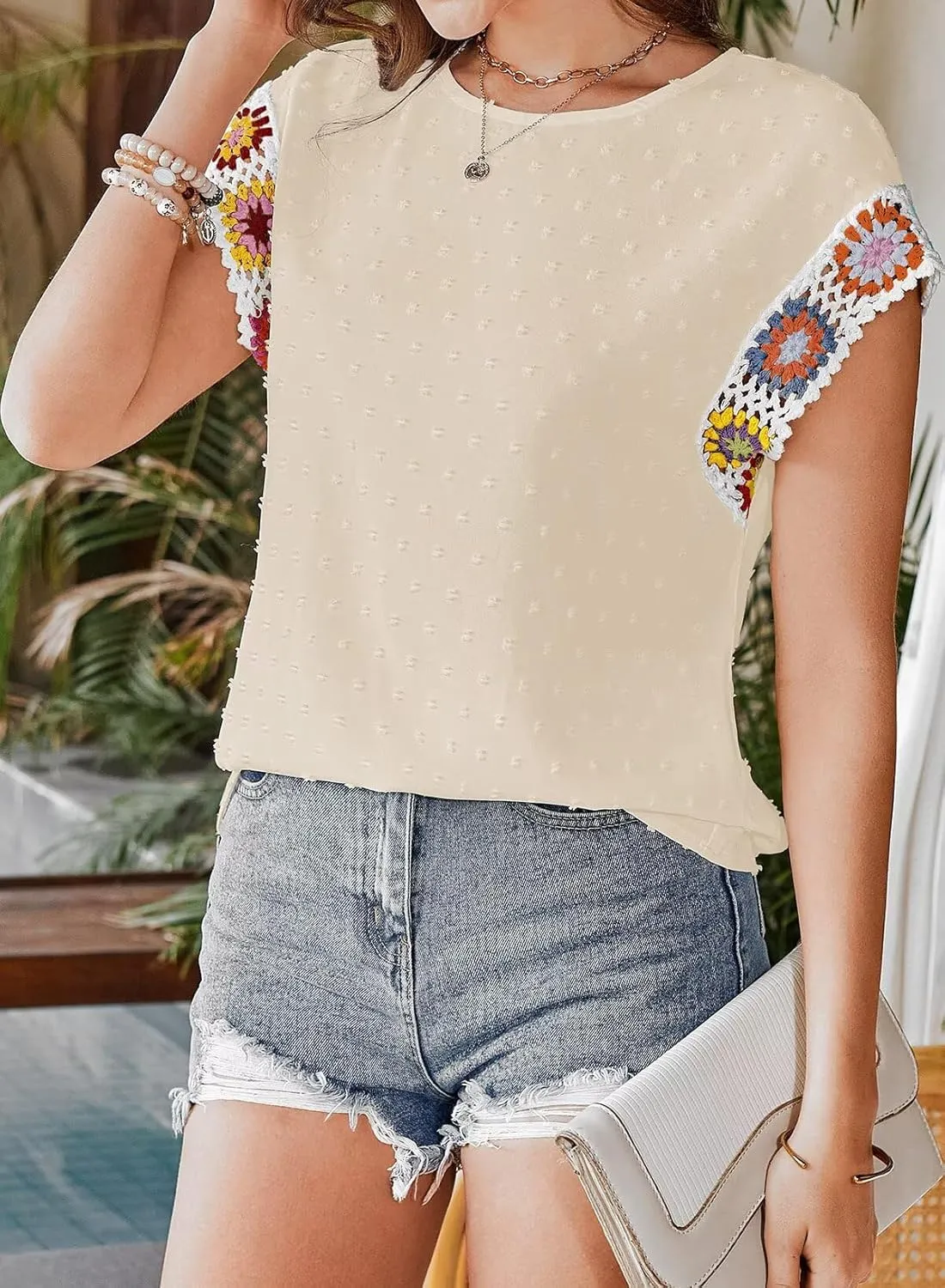 Womens Summer Tops 2025 Boho Tops for Women Color Crew Neck Short Sleeve Casual Blouse