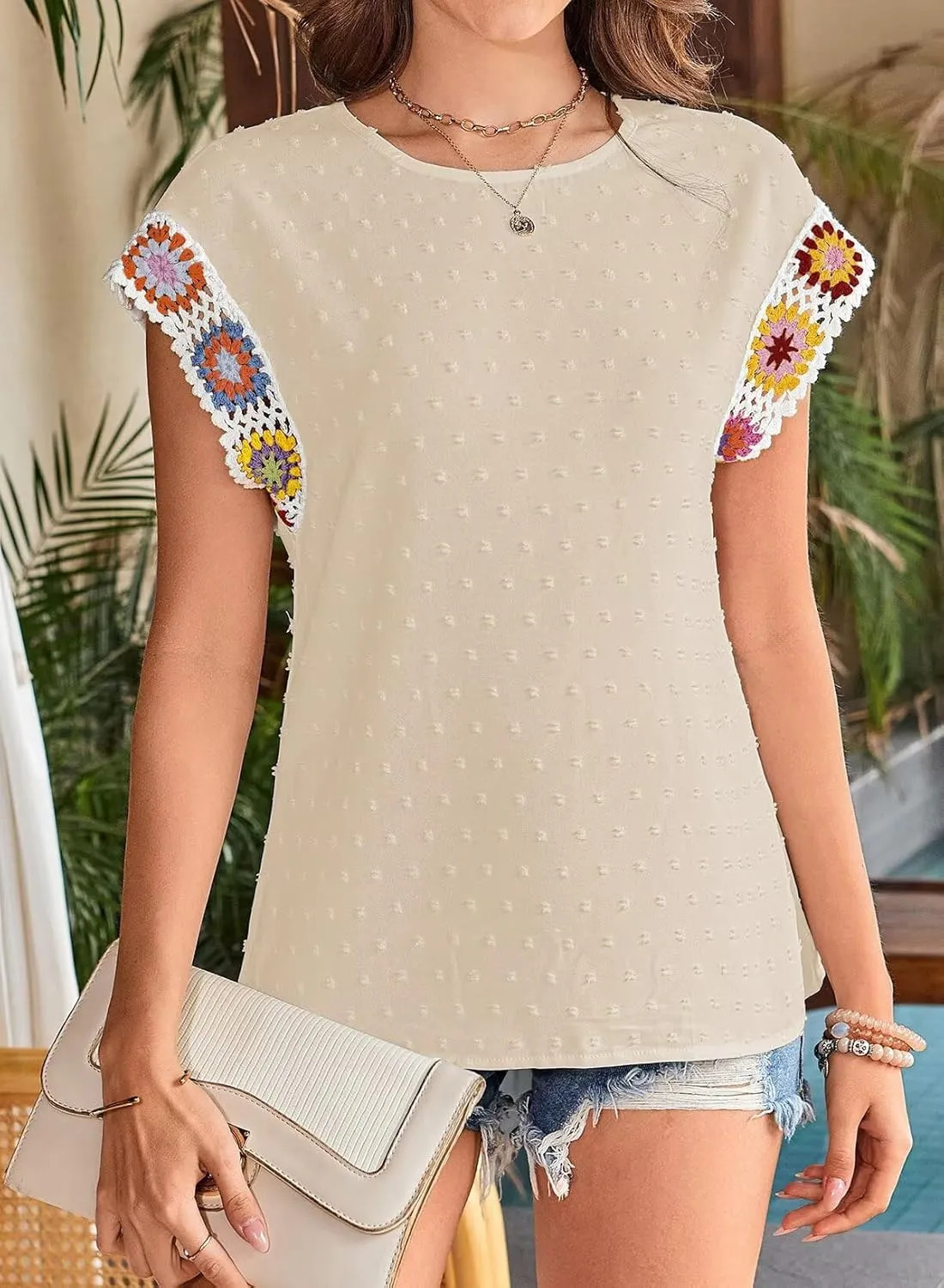 Womens Summer Tops 2025 Boho Tops for Women Color Crew Neck Short Sleeve Casual Blouse