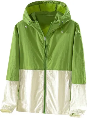 Women's Sun Protection Windbreaker Zip Up Color Block Drawstring Hooded Jacket Outerwear Lightweight Coat with Pockets