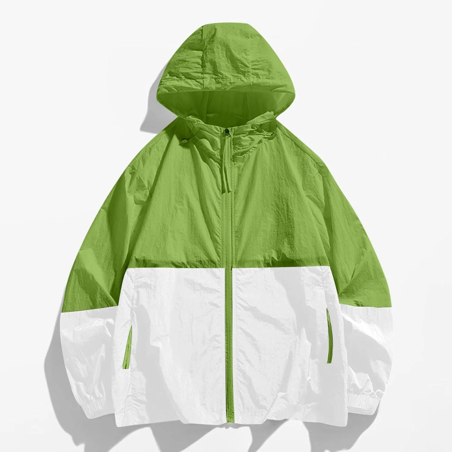 Women's Sun Protection Windbreaker Zip Up Color Block Drawstring Hooded Jacket Outerwear Lightweight Coat with Pockets