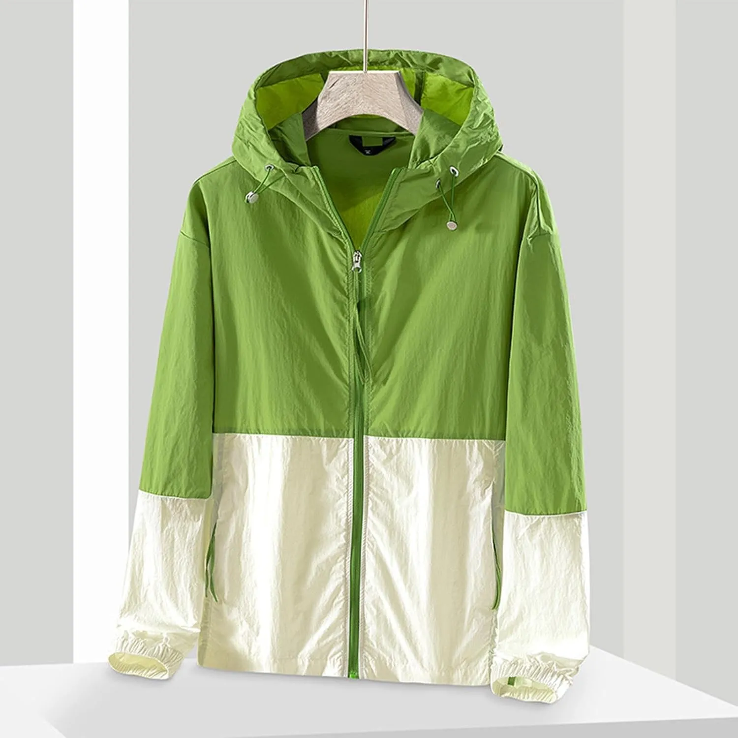 Women's Sun Protection Windbreaker Zip Up Color Block Drawstring Hooded Jacket Outerwear Lightweight Coat with Pockets