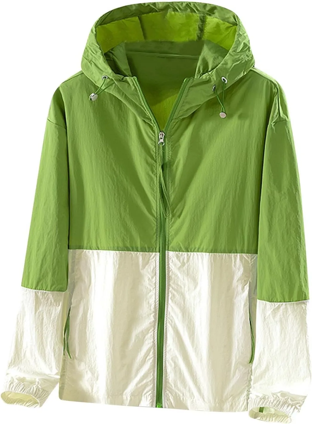 Women's Sun Protection Windbreaker Zip Up Color Block Drawstring Hooded Jacket Outerwear Lightweight Coat with Pockets
