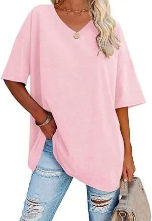 Women's T-Shirts Half Sleeve V Neck Casual Summer Tops Oversized Cotton Basic Loose Fit Tunic Tops