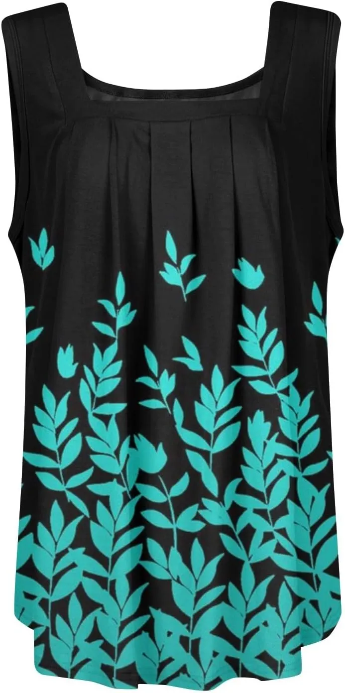 Women's Tank Top Summer Pleated Square Neck Sleeveless Shirt Casual Tunic Curved Hem Flowy Loose Fit Basic Blouse