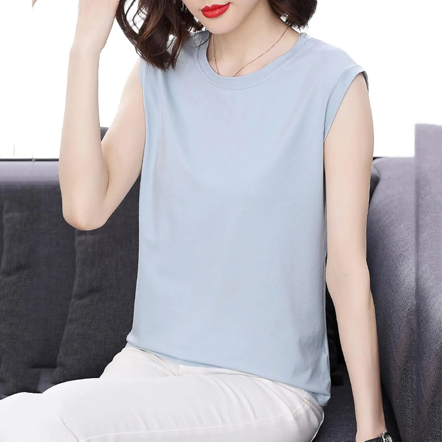 Womens Tank Tops Summer 2025 Casual Soft Comfy Plus Size Vests Round Neck Sleeveless Solid Color Loose T-Shirts