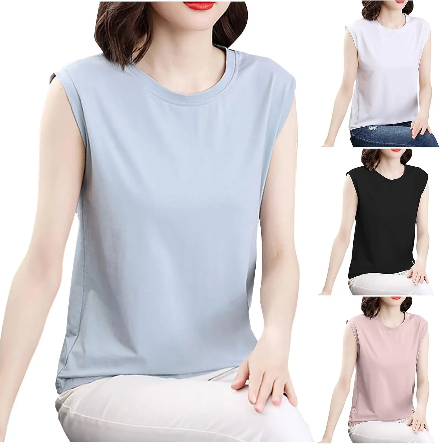 Womens Tank Tops Summer 2025 Casual Soft Comfy Plus Size Vests Round Neck Sleeveless Solid Color Loose T-Shirts