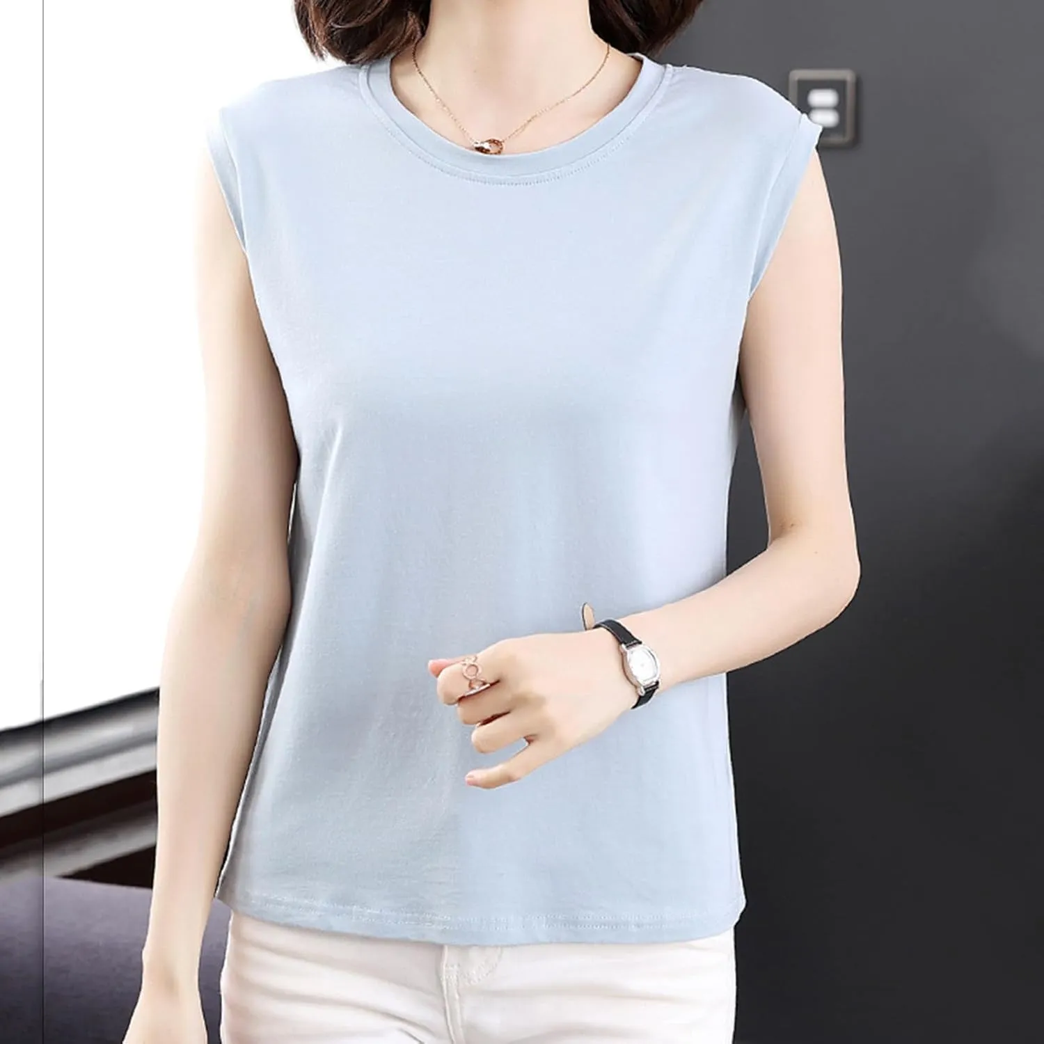 Womens Tank Tops Summer 2025 Casual Soft Comfy Plus Size Vests Round Neck Sleeveless Solid Color Loose T-Shirts