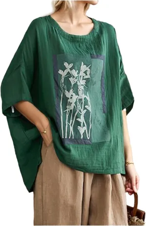 Womens Tops Oversized T Shirts, Summer Casual Batwing Sleeve Linen Tops, Vintage Floral Print Crew Neck Outfits