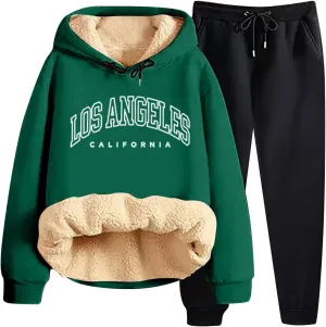 Women's Track Suit Set 2 Piece Sherpa Lined Long Sleeve Hoodies And Sweatpants Lightweight Fleece Sweatsuits Jogger