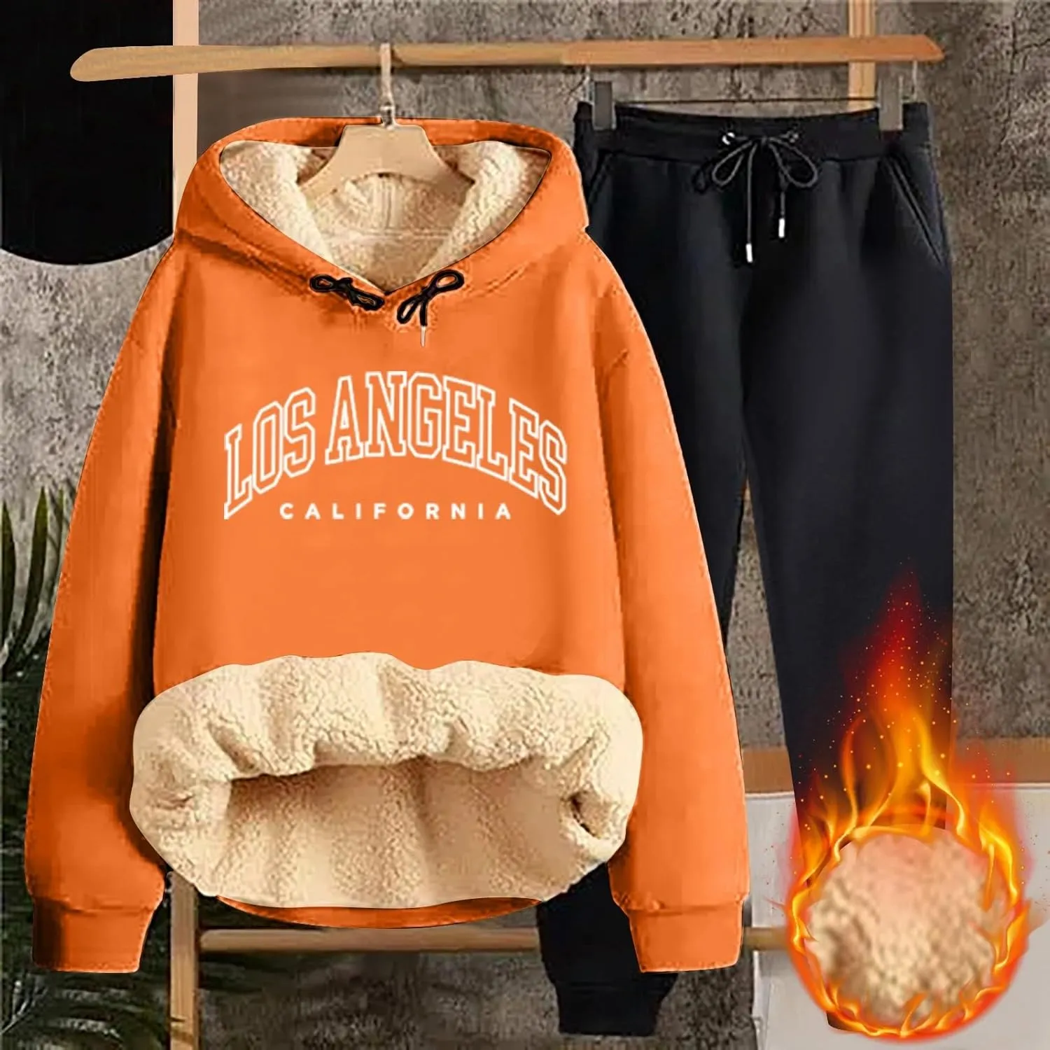 Women's Track Suit Set 2 Piece Sherpa Lined Long Sleeve Hoodies And Sweatpants Lightweight Fleece Sweatsuits Jogger