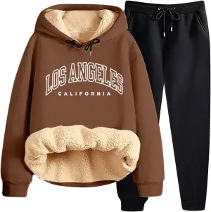 Women's Track Suit Set 2 Piece Sherpa Lined Long Sleeve Hoodies And Sweatpants Lightweight Fleece Sweatsuits Jogger