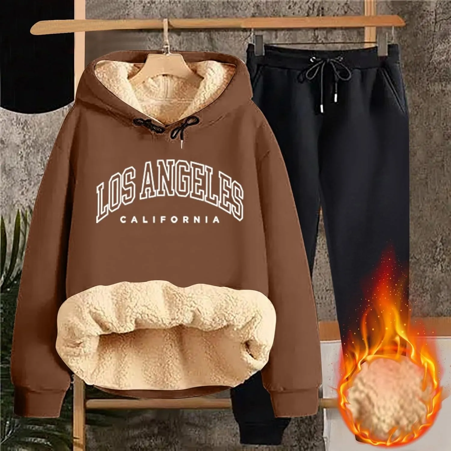 Women's Track Suit Set 2 Piece Sherpa Lined Long Sleeve Hoodies And Sweatpants Lightweight Fleece Sweatsuits Jogger