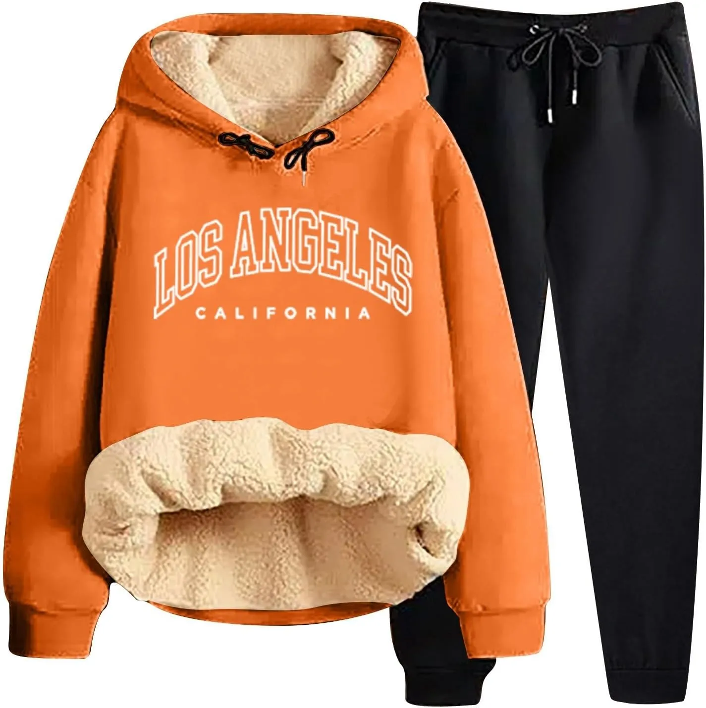 Women's Track Suit Set 2 Piece Sherpa Lined Long Sleeve Hoodies And Sweatpants Lightweight Fleece Sweatsuits Jogger