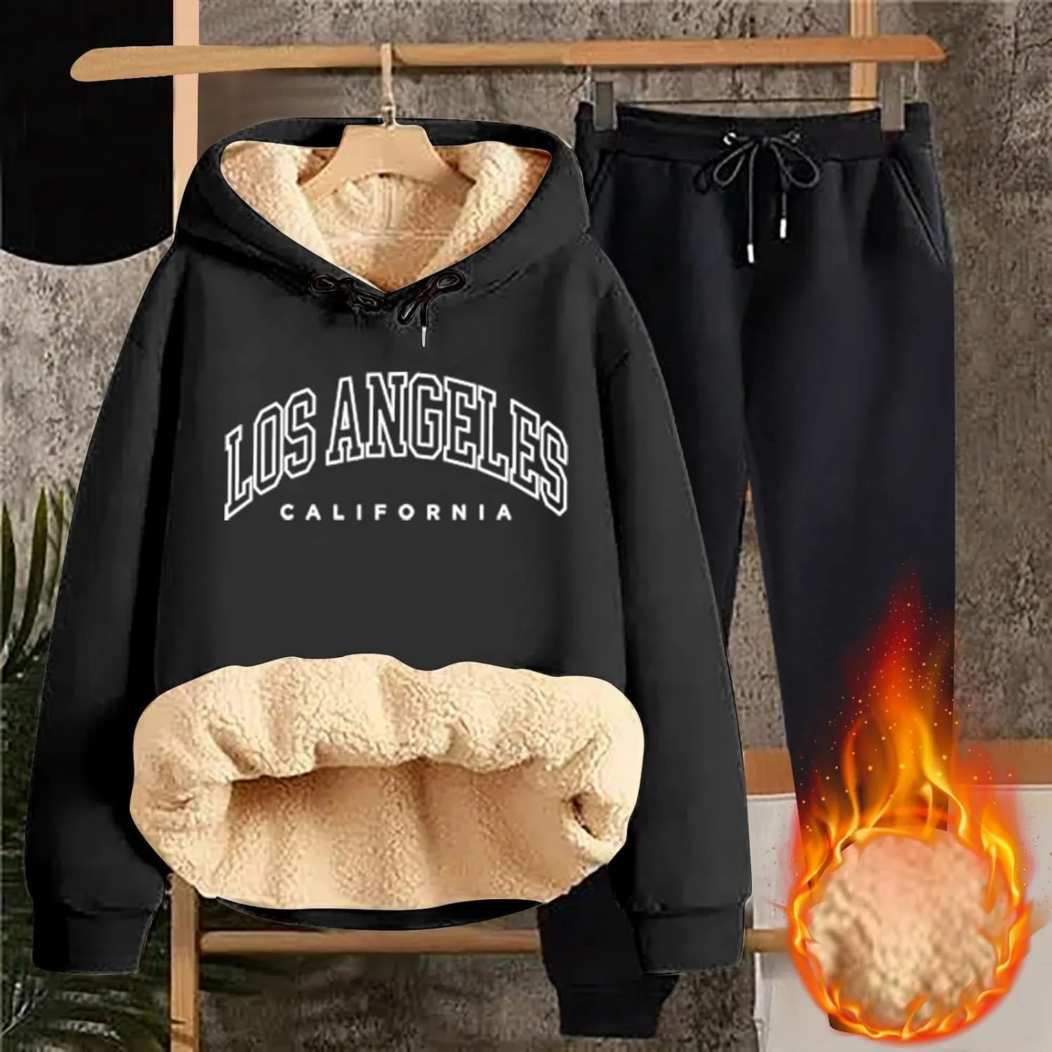 Women's Track Suit Set 2 Piece Sherpa Lined Long Sleeve Hoodies And Sweatpants Lightweight Fleece Sweatsuits Jogger
