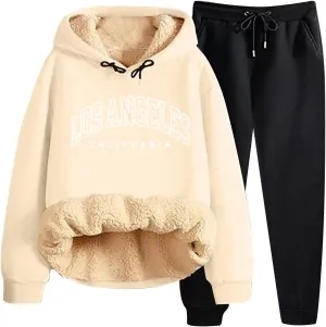 Women's Track Suit Set 2 Piece Sherpa Lined Long Sleeve Hoodies And Sweatpants Lightweight Fleece Sweatsuits Jogger