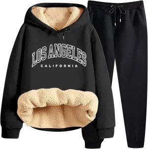 Women's Track Suit Set 2 Piece Sherpa Lined Long Sleeve Hoodies And Sweatpants Lightweight Fleece Sweatsuits Jogger