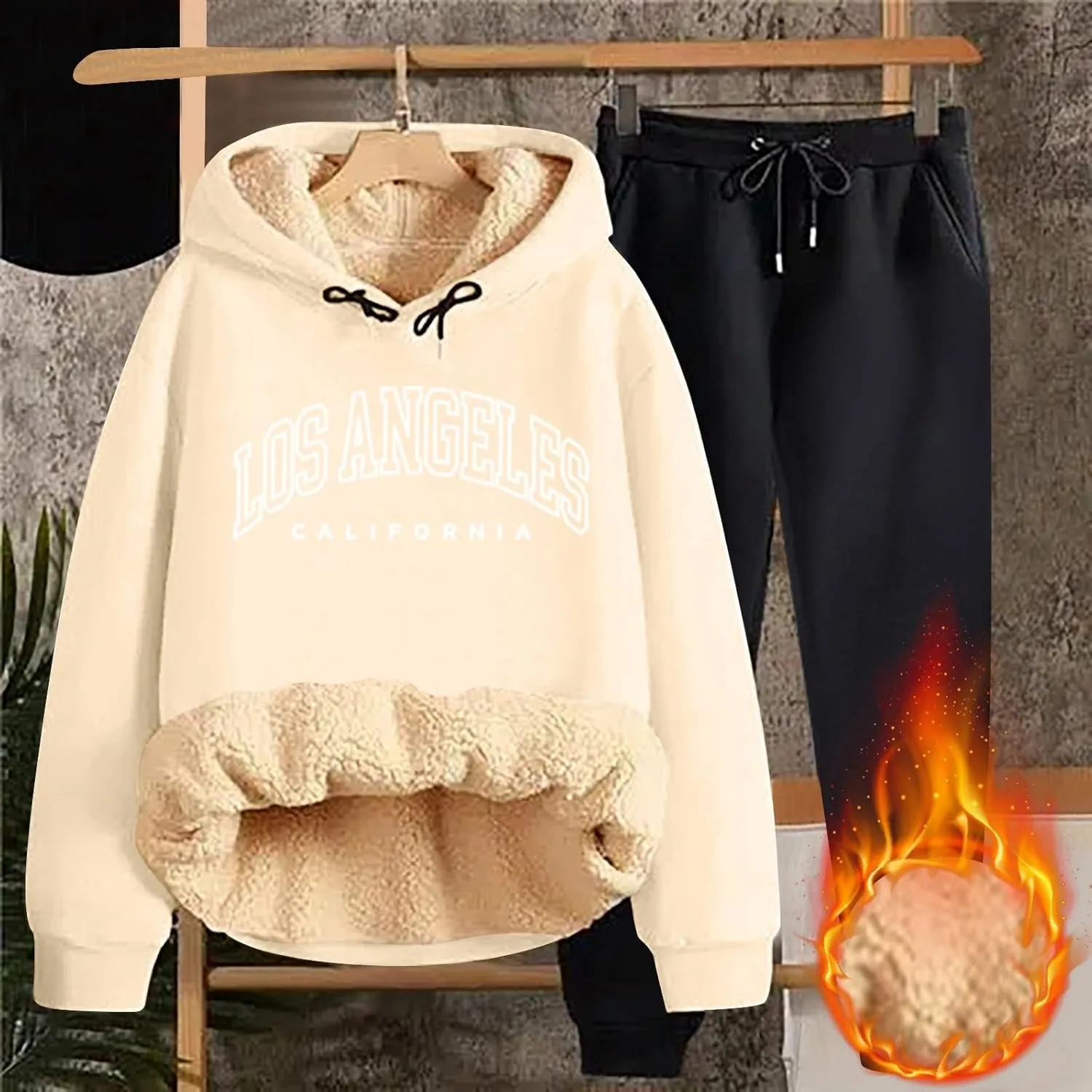 Women's Track Suit Set 2 Piece Sherpa Lined Long Sleeve Hoodies And Sweatpants Lightweight Fleece Sweatsuits Jogger