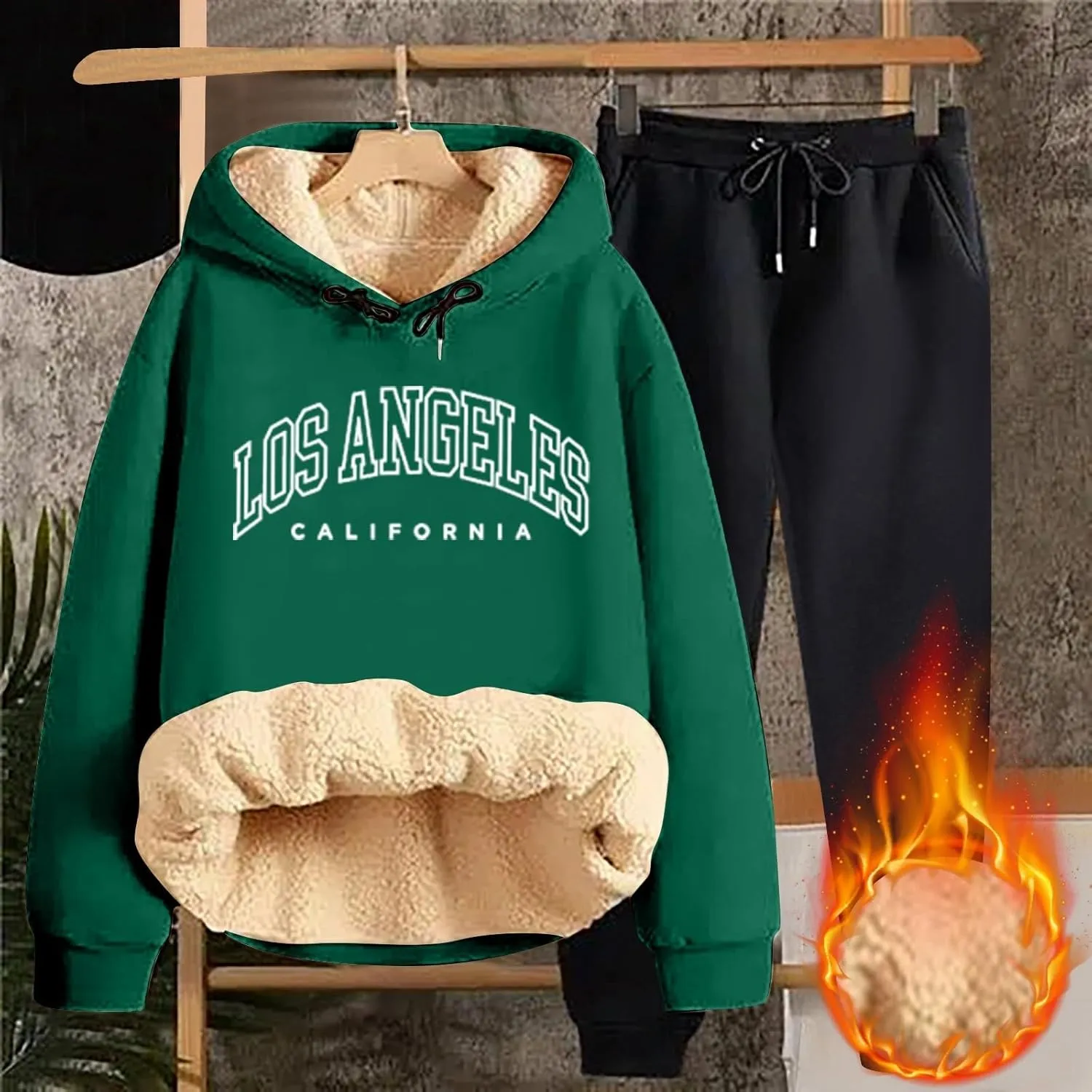 Women's Track Suit Set 2 Piece Sherpa Lined Long Sleeve Hoodies And Sweatpants Lightweight Fleece Sweatsuits Jogger