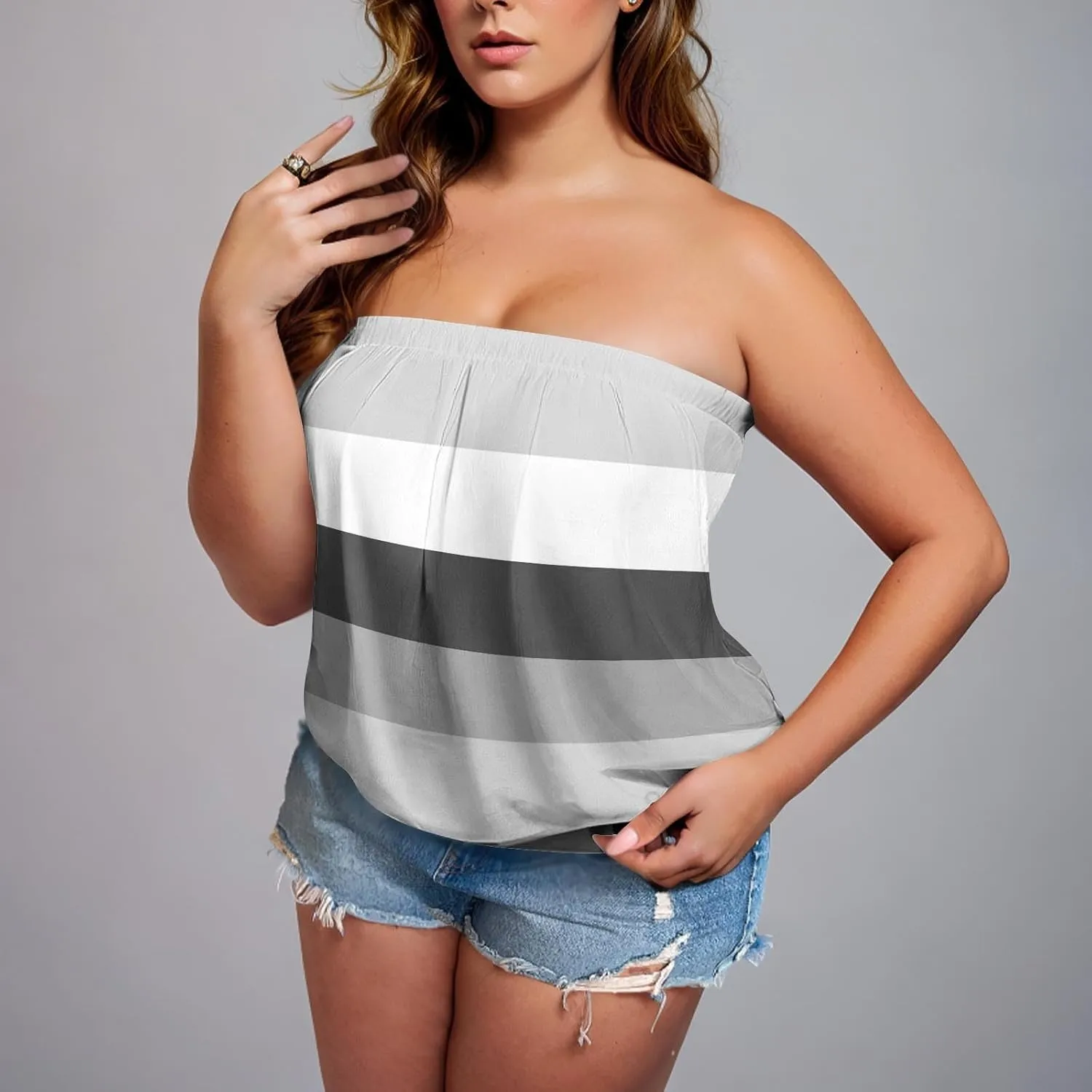 Womens Trendy Tube Tank Tops Plus Size Summer Striped Printed Strapless Pleated Backless Vests Loose Comfy Top