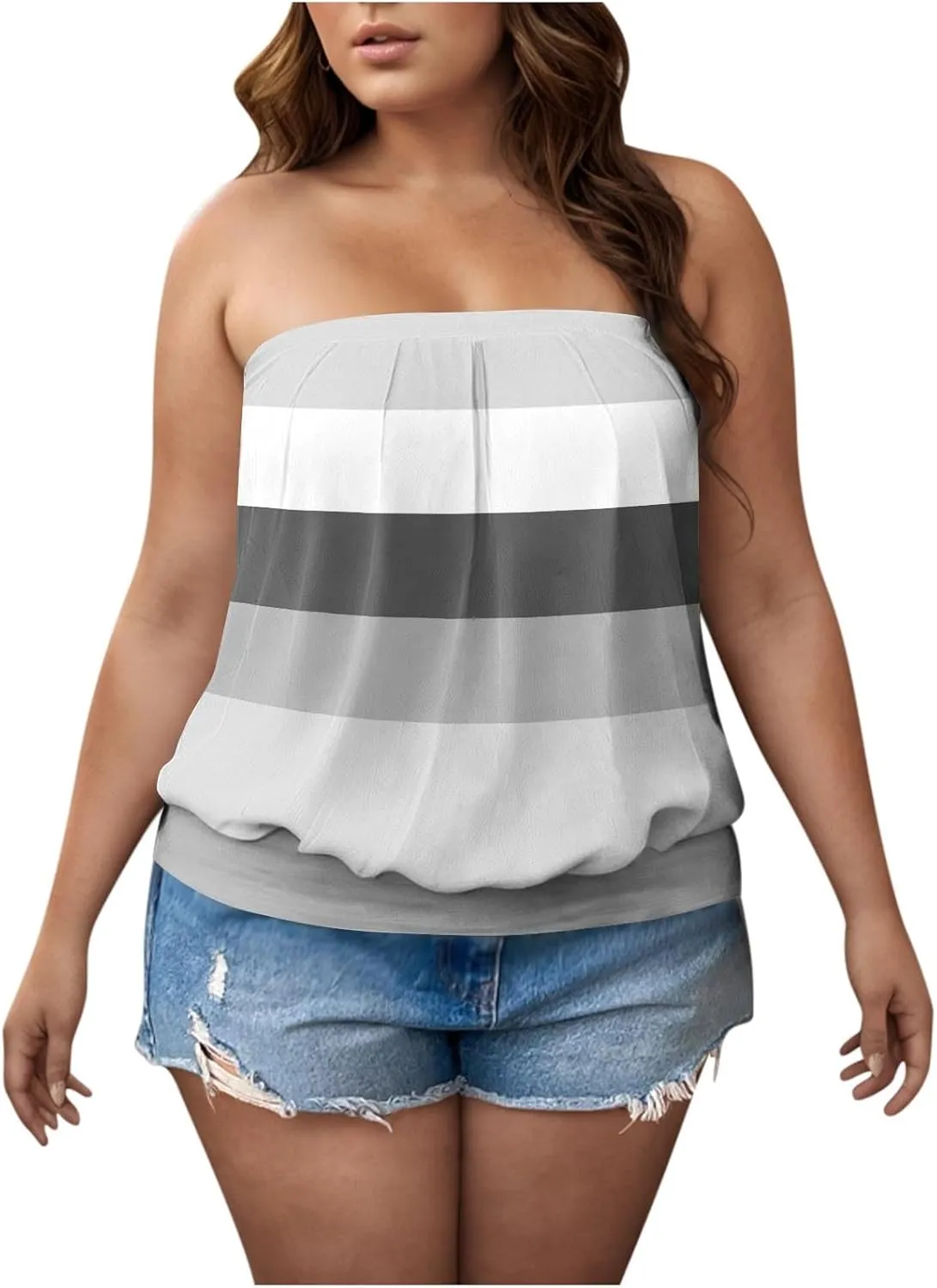 Womens Trendy Tube Tank Tops Plus Size Summer Striped Printed Strapless Pleated Backless Vests Loose Comfy Top