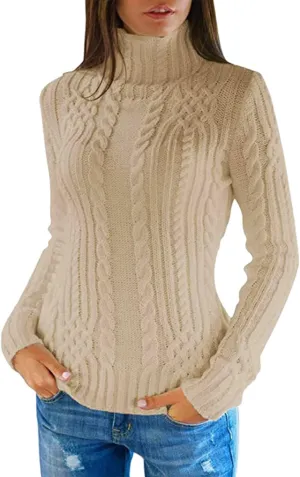 Women's Turtleneck Knit Pullover Long Sleeve Casual Oversized Sweater Tops Womens Fall Tops Ribbed Knit Sweater