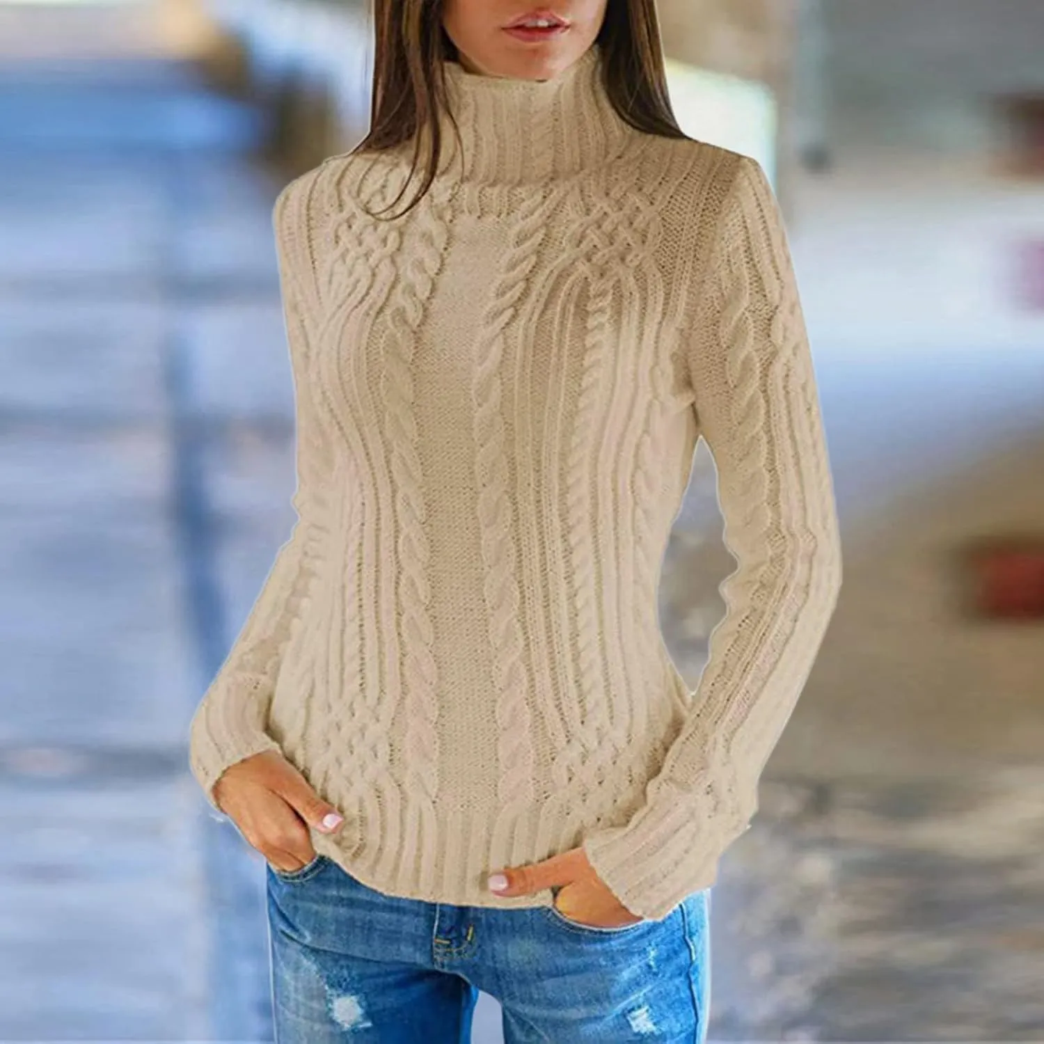 Women's Turtleneck Knit Pullover Long Sleeve Casual Oversized Sweater Tops Womens Fall Tops Ribbed Knit Sweater