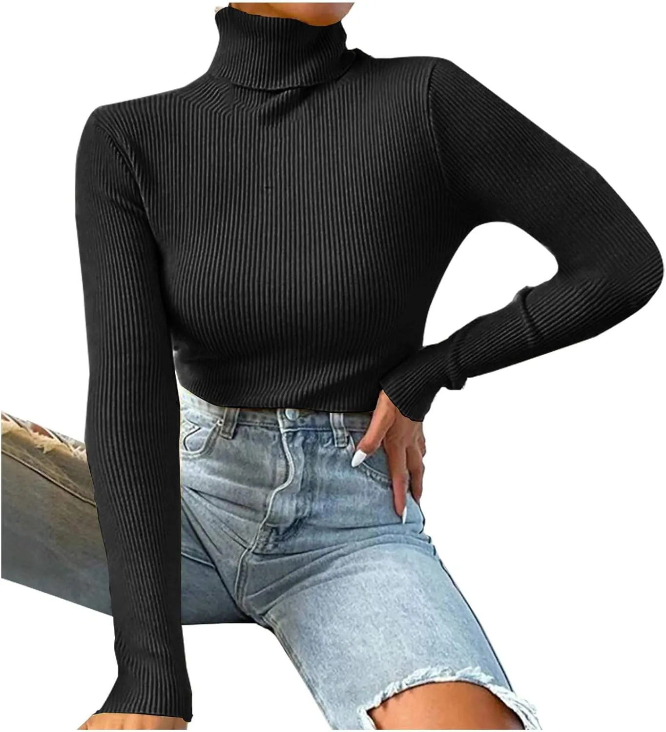 Womens Turtleneck Sweater Long Sleeve Ribbed Knit Sweater Fall Winter Fashion Tops 2024 Casual Trendy Tops Blouse