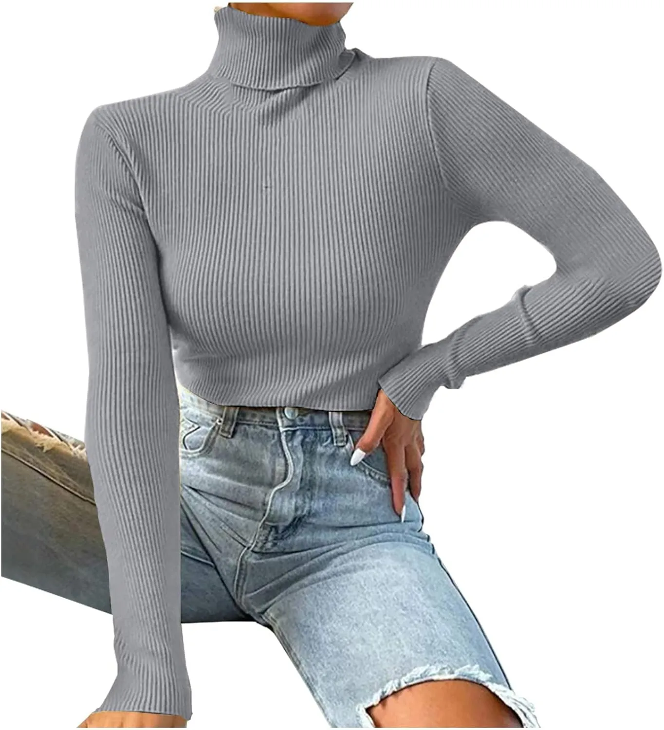 Womens Turtleneck Sweater Long Sleeve Ribbed Knit Sweater Fall Winter Fashion Tops 2024 Casual Trendy Tops Blouse