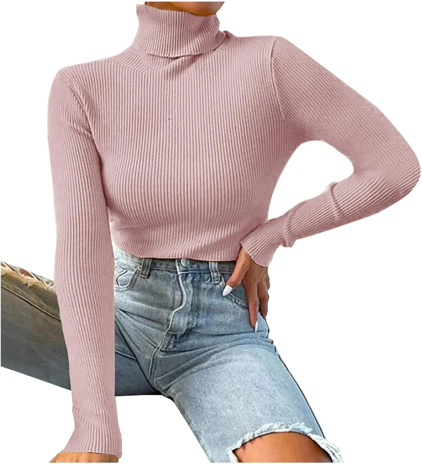 Womens Turtleneck Sweater Long Sleeve Ribbed Knit Sweater Fall Winter Fashion Tops 2024 Casual Trendy Tops Blouse